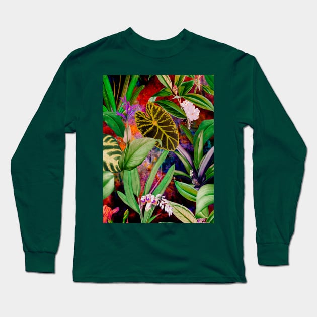 Stylish Tropical floral leaves and foliage botanical illustration, botanical pattern, tropical plants, blue orange leaves pattern over a Long Sleeve T-Shirt by Zeinab taha